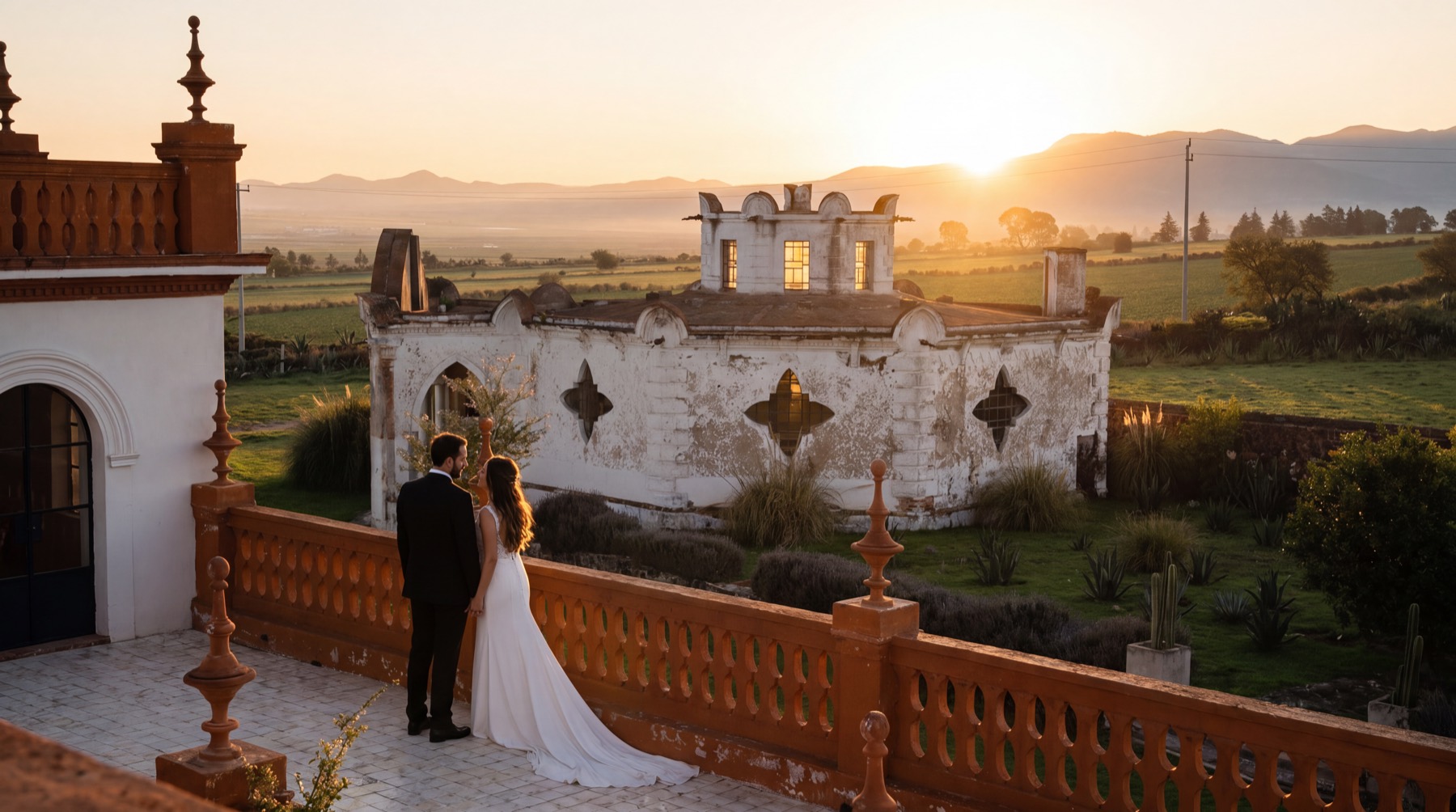 Novios al atardecer en la Hacienda Zotoluca