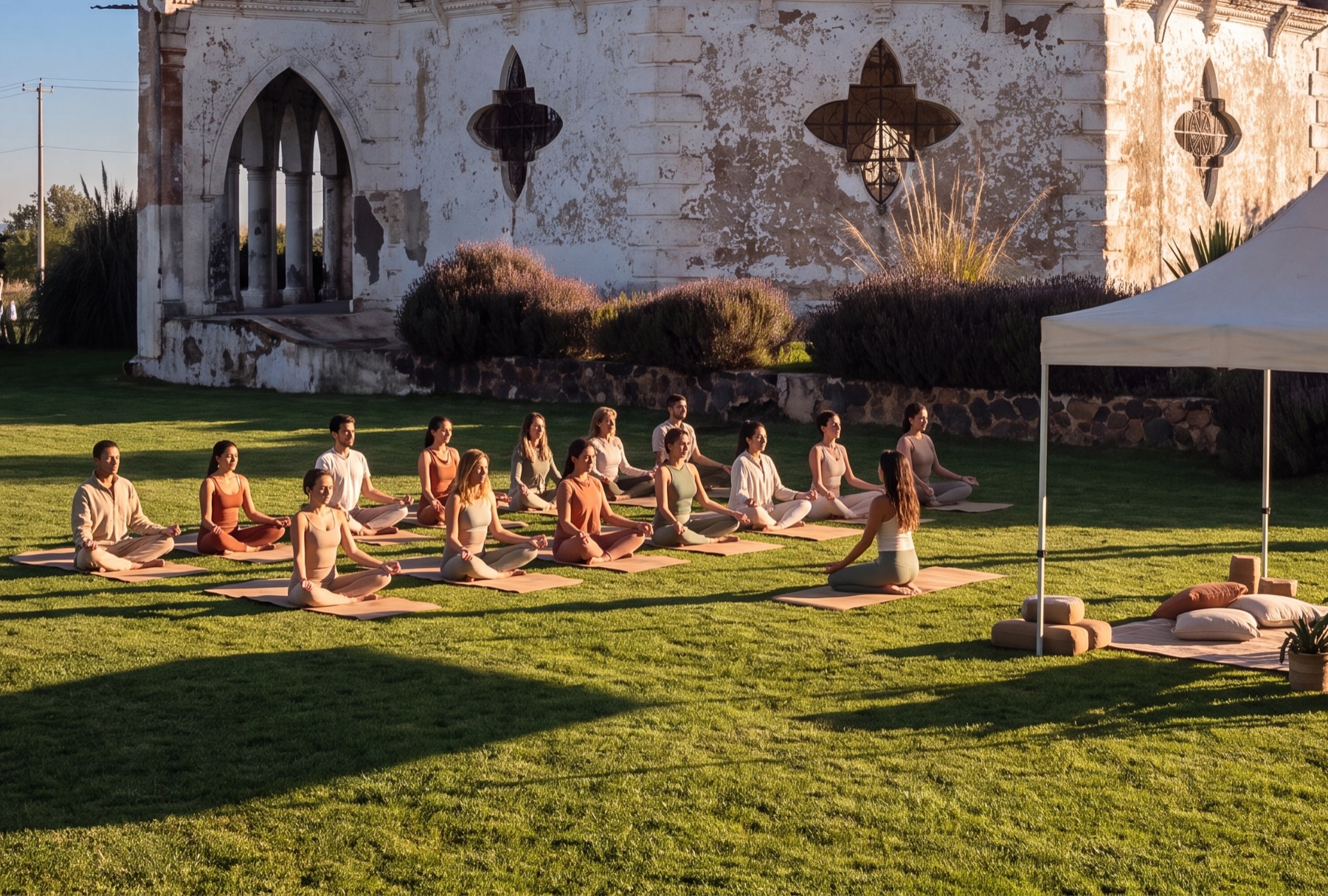 Retiro de equipo con sesión de yoga al aire libre frente a la capilla de la Hacienda Zotoluca